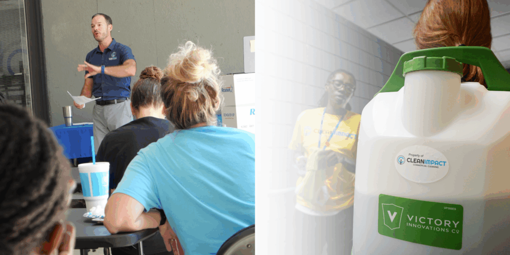 Professional training session on electrostatic cleaning with Clean Impact branding and Victory Innovations equipment, highlighting staff education and commitment to health and safety standards.