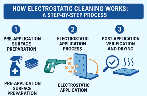 Step-by-step infographic illustrating the electrostatic cleaning process, featuring pre-application surface preparation, electrostatic application, and post-application verification and drying.