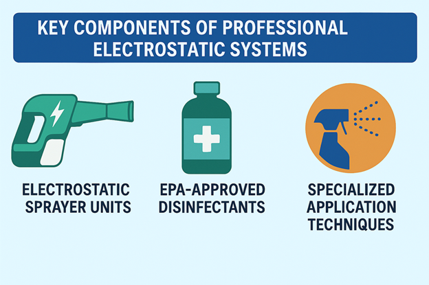 Key components of professional electrostatic systems: electrostatic sprayer units, EPA-approved disinfectants, specialized application techniques.