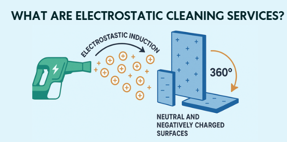 Electrostatic cleaning services illustration featuring a sprayer, charged droplets, and surfaces demonstrating 360-degree coverage for effective disinfection.