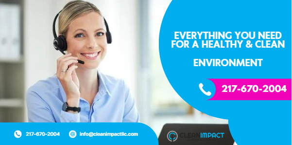 Smiling woman on headset representing Clean Impact LLC, promoting professional electrostatic cleaning services for a healthy and clean environment, with contact information displayed.
