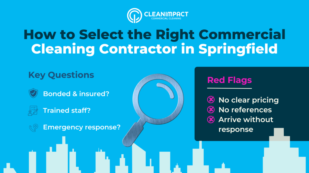 How to select the right commercial cleaning contractor in Springfield, featuring key questions about bonding, staff training, and emergency response, alongside red flags like unclear pricing and lack of references.