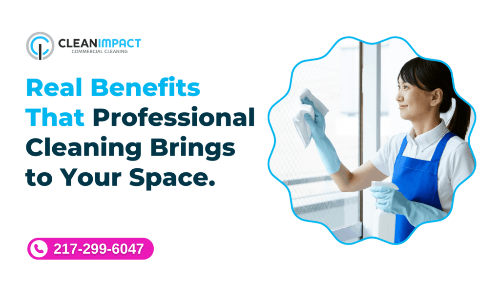 Professional cleaner in blue apron wiping a window, showcasing the benefits of commercial cleaning services by Clean Impact LLC, emphasizing cleanliness and professionalism.