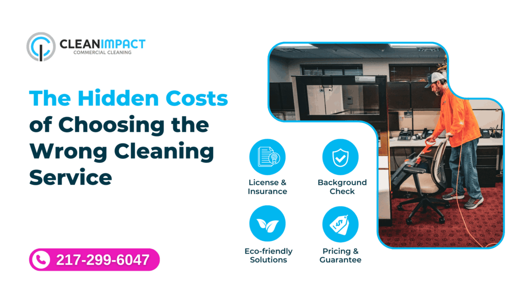 Professional cleaner in orange shirt using vacuum in office setting, featuring Clean Impact branding and key service highlights: license, insurance, background check, eco-friendly solutions, pricing, and guarantee.