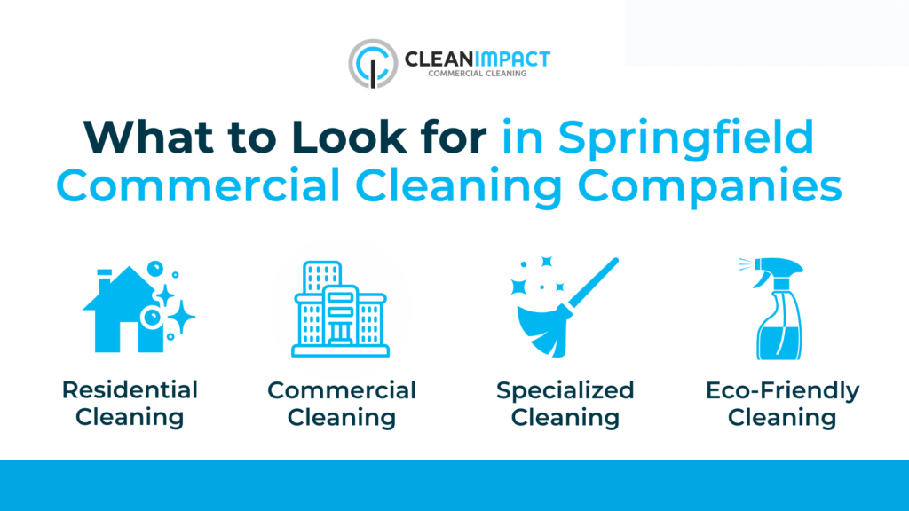 What to look for in Springfield commercial cleaning companies, featuring icons for residential cleaning, commercial cleaning, specialized cleaning, and eco-friendly cleaning, with Clean Impact LLC branding.