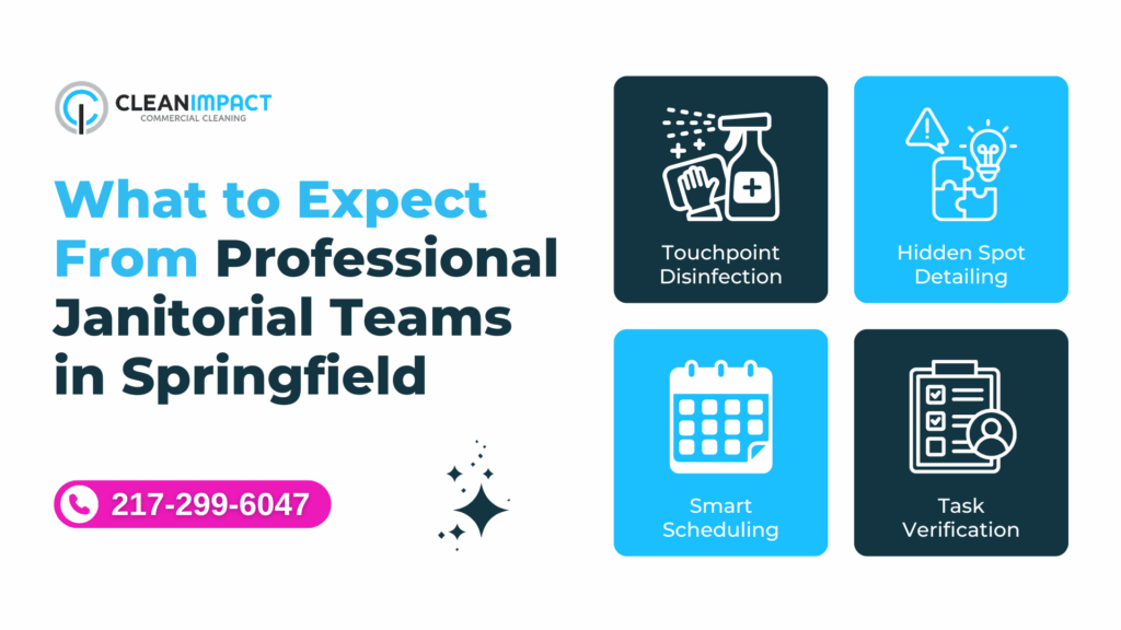 Touchpoint disinfection, hidden spot detailing, smart scheduling, and task verification icons representing professional janitorial services by Clean Impact LLC in Springfield.