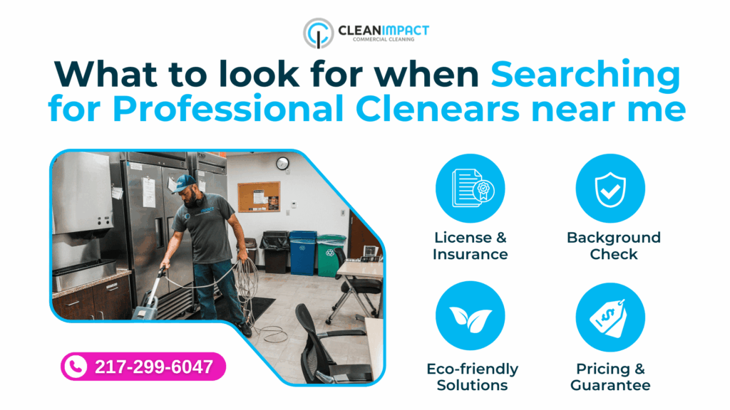 Professional cleaner in commercial kitchen, showcasing essential qualities like license, insurance, eco-friendly solutions, and pricing guarantee, with contact information for Clean Impact LLC.