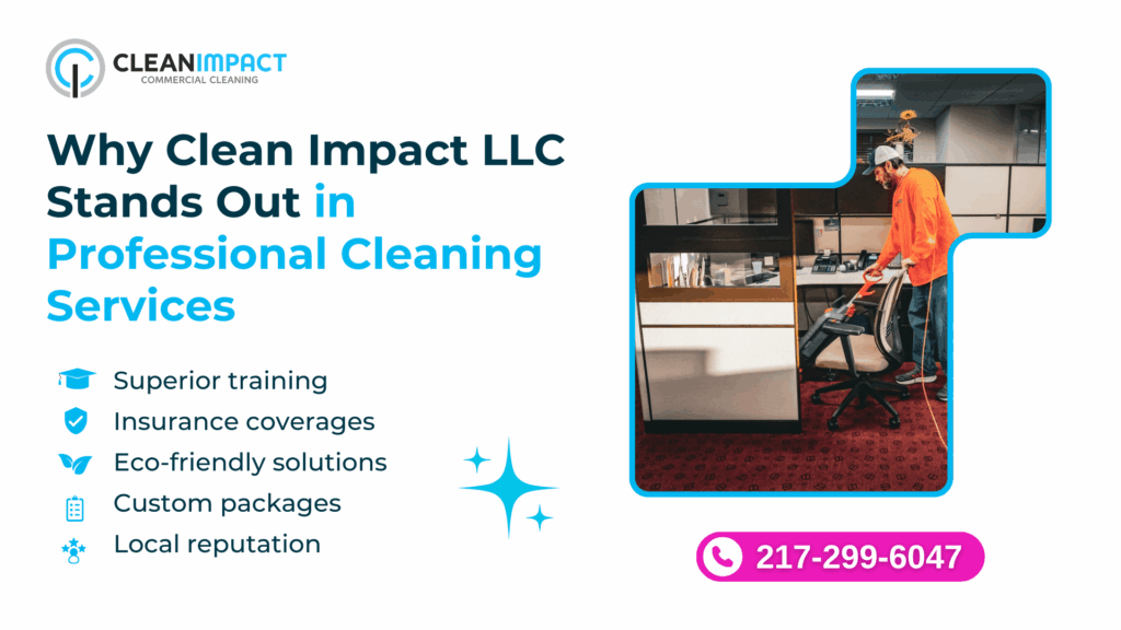 Professional cleaner in an orange shirt using a vacuum in an office setting, highlighting Clean Impact LLC's commitment to superior training, eco-friendly solutions, and transparent pricing in professional cleaning services.