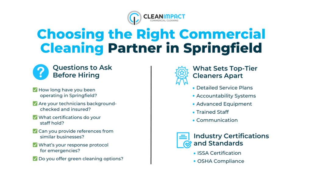 Choosing the Right Commercial Cleaning Partner in Springfield with questions to ask before hiring, key differentiators for top-tier cleaners, and industry certifications like ISSA and OSHA compliance.