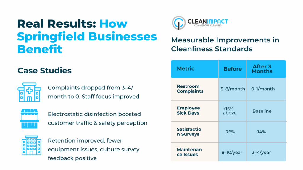 Real results from Springfield businesses showing measurable improvements in cleanliness standards, including reduced restroom complaints, employee sick days, and maintenance issues, with statistics presented in a clear, professional layout by Clean Impact LLC.
