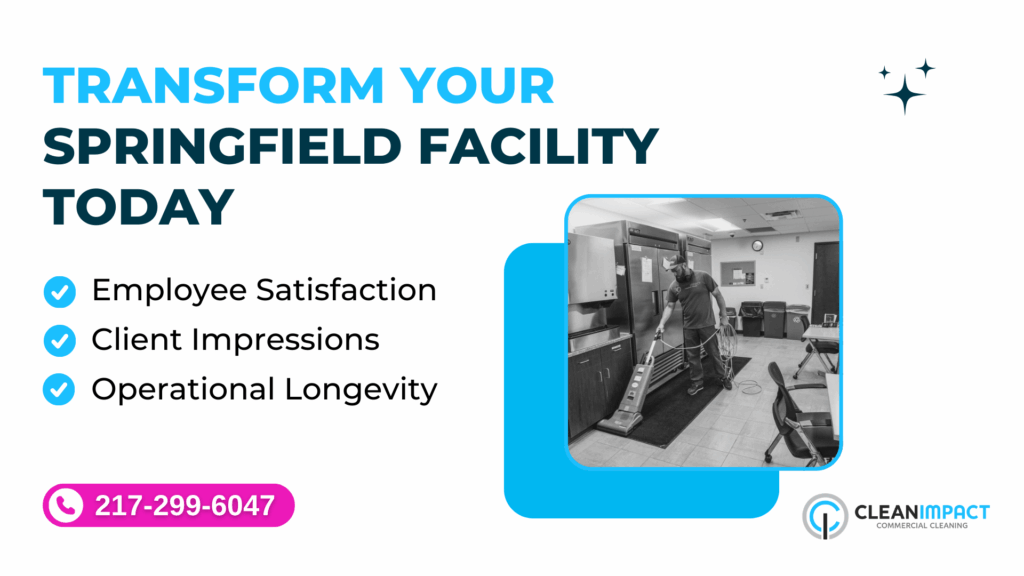 Transform your Springfield facility with Clean Impact LLC, featuring a cleaner using a vacuum in a commercial kitchen, emphasizing employee satisfaction, client impressions, and operational longevity.