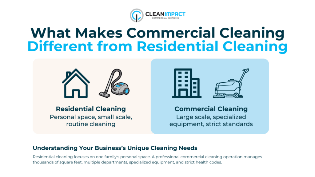 Infographic contrasting residential and commercial cleaning, highlighting differences in scale, equipment, and standards, with Clean Impact LLC branding.